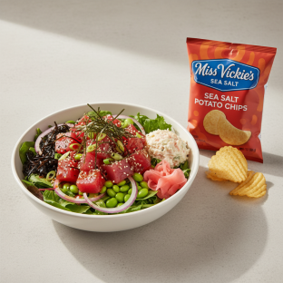 Umami Ahi Salad Bowl Combo (Regular) — Mixed Greens / Miss Vickie's Sea Salt Kettle Cooked Potato Chips Umami Ahi Salad Bowl Combo (Regular) — Mixed Greens / Miss Vickie's Sea Salt Kettle Cooked Potato Chips