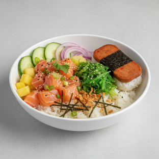 Yuzu Ponzu Salmon Bowl Combo (Regular) — White Rice / Garlic Spam Musubi