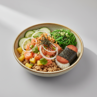 Yuzu Ponzu Salmon Bowl Combo (Regular) — Brown Rice / Garlic Spam Musubi