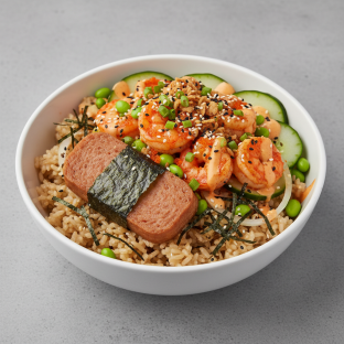 Spicy Shrimp Bowl Combo (Regular) — Brown Rice / Garlic Spam Musubi