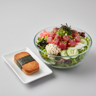 Umami Ahi Salad Bowl Combo (Regular) — Mixed Greens / Garlic Spam Musubi Umami Ahi Salad Bowl Combo (Regular) — Mixed Greens / Garlic Spam Musubi