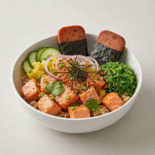 Yuzu Ponzu Salmon Bowl Combo (Regular) — Brown Rice / Garlic Spam Musubi