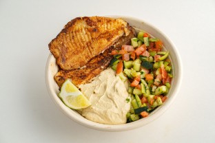 Grilled Fish Hummus Salad Bowl — Zhoug
