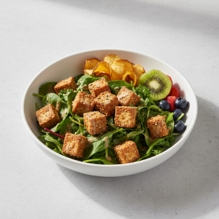 Tokyo Supergreens with Organic Sesame Tofu Salad with Chips and Fruit Tokyo Supergreens with Organic Sesame Tofu Salad with Chips and Fruit