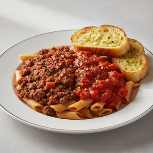 Ziti Pasta with Beef Bolognese, Vegetarian Marinara and Crushed Red Pepper Flakes