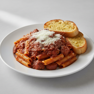 Ziti Pasta with Italian Sausage, Sunday Gravy and Pecorino Romano