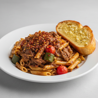 Ziti Pasta with Roasted Vegetables, Sunday Gravy and Crushed Red Pepper Flakes
