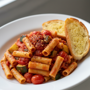 Ziti Pasta with Roasted Vegetables, Vegetarian Marinara and Crushed Red Pepper Flakes