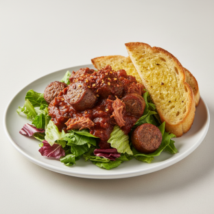 Lettuce Mix with Italian Sausage, Sunday Gravy and Crushed Red Pepper Flakes