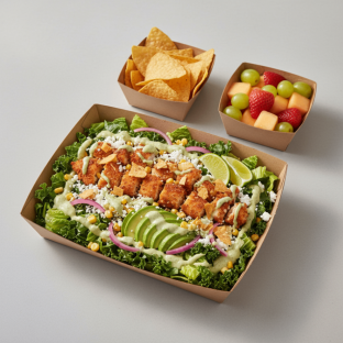 Crispy Chicken Poblano Salad with Chips and Fruit