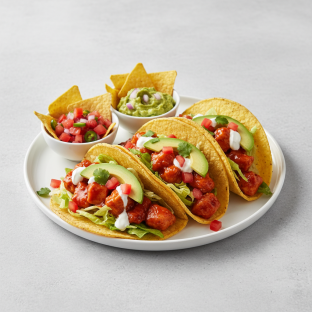 Sweet and Spicy Sriracha Chicken Tacos with Chips and Salsa and Chips and Guacamole