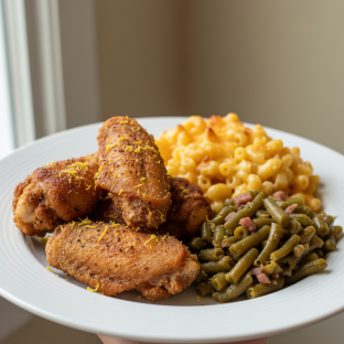Lemon Pepper turkey wings with Mac and Cheese and Southern Green Beans