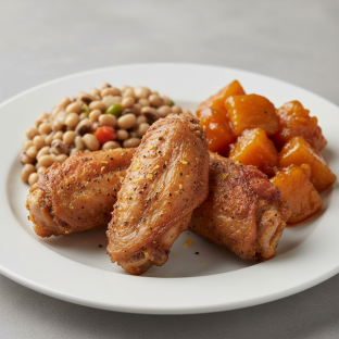 Lemon Pepper turkey wings with Black Eyed Peas and Candied Yams Lemon Pepper turkey wings with Black Eyed Peas and Candied Yams