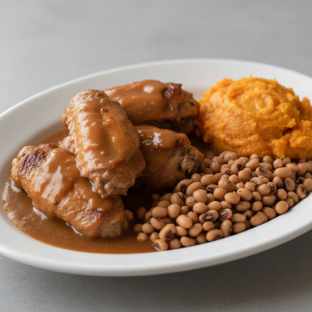 Smothered turkey wings with Sweet Potatoes Casserole and Black Eyed Peas