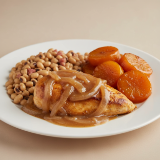 Smothered Chicken with Black Eyed Peas and Candied Yams