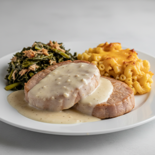 Smothered Pork Chops with Collard Greens with Smoked Turkey and Mac and Cheese Smothered Pork Chops with Collard Greens with Smoked Turkey and Mac and Cheese