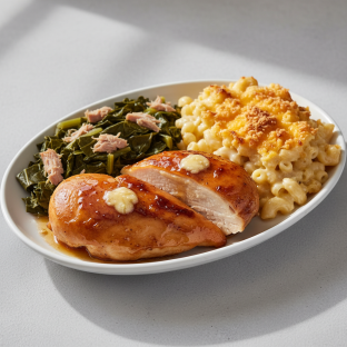 Honey Butter Roasted Chicken with Collard Greens with Smoked Turkey, Mac and Cheese