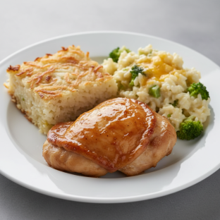 Honey Butter Roasted Chicken with Broccoli Cheese Rice Casserole, Hash Brown Casserole