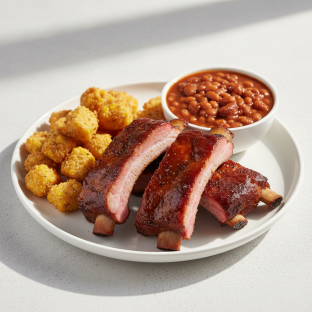 Smoked Pork Spareribs with Fried Corn, Baked Beans