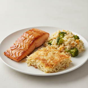 Glazed Salmon with Broccoli Cheese Rice Casserole, Hash Brown Casserole
