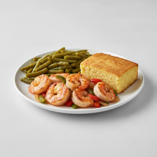 Grilled Shrimp with Southern Green Beans, Cornbread Dressing