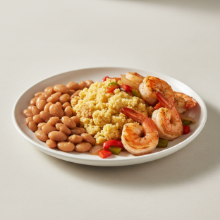 Grilled Shrimp with Cornbread Dressing, Butter Beans