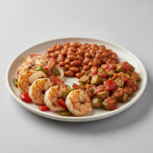 Grilled Shrimp with Baked Beans, Stewed Tomato and Okra Grilled Shrimp with Baked Beans, Stewed Tomato and Okra