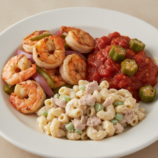 Grilled Shrimp with Stewed Tomato and Okra, Macaroni Salad with Tuna