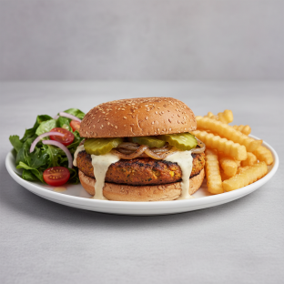 Vegan Spin Combo - Classic Spin Burger with Veggie Patty (no cheese, tahini sauce), Fries, Side Salad Vegan Spin Combo - Classic Spin Burger with Veggie Patty (no cheese, tahini sauce), Fries, Side Salad