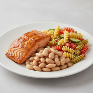 Glazed Salmon with Butter Beans, Pasta Salad Glazed Salmon with Butter Beans, Pasta Salad
