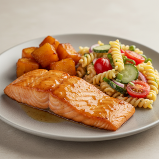 Glazed Salmon with Candied Yams, Pasta Salad Glazed Salmon with Candied Yams, Pasta Salad