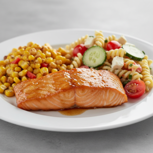 Glazed Salmon with Fried Corn, Pasta Salad Glazed Salmon with Fried Corn, Pasta Salad