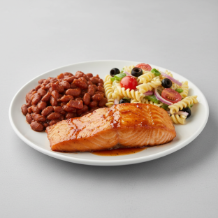 Glazed Salmon with Baked Beans, Pasta Salad Glazed Salmon with Baked Beans, Pasta Salad