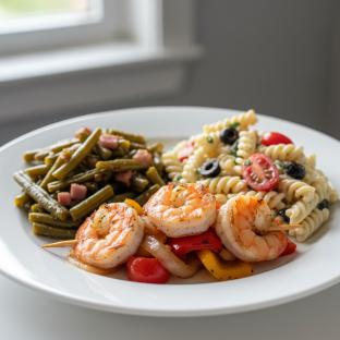 Grilled Shrimp with Southern Green Beans, Pasta Salad Grilled Shrimp with Southern Green Beans, Pasta Salad