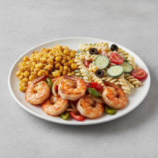 Grilled Shrimp with Fried Corn, Pasta Salad Grilled Shrimp with Fried Corn, Pasta Salad