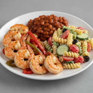 Grilled Shrimp with Baked Beans, Pasta Salad Grilled Shrimp with Baked Beans, Pasta Salad
