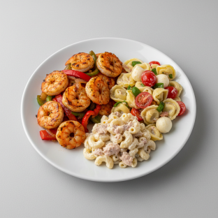 Grilled Shrimp with Macaroni Salad with Tuna, Tortellini Pasta Salad Grilled Shrimp with Macaroni Salad with Tuna, Tortellini Pasta Salad