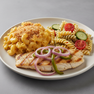 Grilled Fish with Mac and Cheese, Pasta Salad Grilled Fish with Mac and Cheese, Pasta Salad