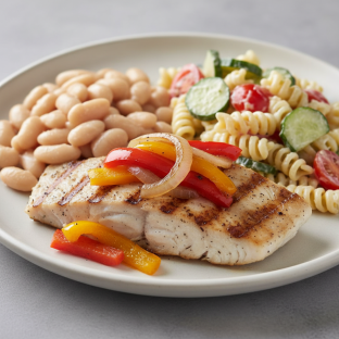 Grilled Fish with Butter Beans, Pasta Salad Grilled Fish with Butter Beans, Pasta Salad