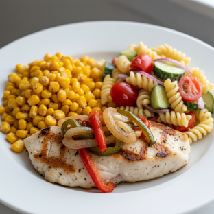 Grilled Fish with Fried Corn, Pasta Salad Grilled Fish with Fried Corn, Pasta Salad