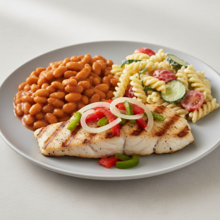 Grilled Fish with Baked Beans, Pasta Salad Grilled Fish with Baked Beans, Pasta Salad