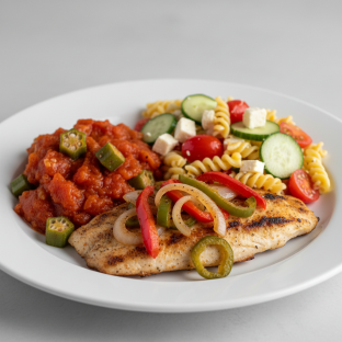 Grilled Fish with Stewed Tomato and Okra, Pasta Salad Grilled Fish with Stewed Tomato and Okra, Pasta Salad