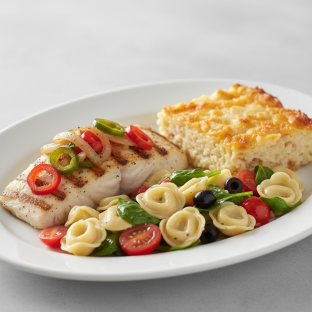 Grilled Fish with Hash Brown Casserole, Tortellini Pasta Salad Grilled Fish with Hash Brown Casserole, Tortellini Pasta Salad