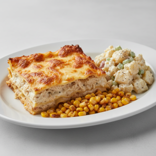 Alfredo Chicken Lasagna, Potato Salad, Fried Corn Alfredo Chicken Lasagna, Potato Salad, Fried Corn