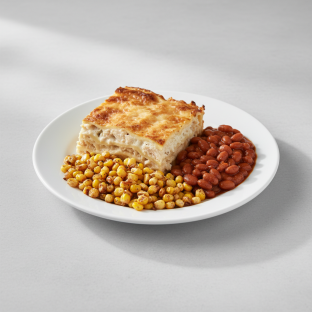 Alfredo Chicken Lasagna, Fried Corn, Baked Beans Alfredo Chicken Lasagna, Fried Corn, Baked Beans