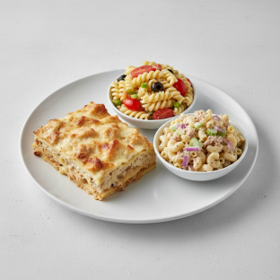 Alfredo Chicken Lasagna, Pasta Salad, Macaroni Salad with Tuna Alfredo Chicken Lasagna, Pasta Salad, Macaroni Salad with Tuna