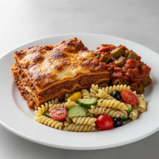 Classic Meat Lasagna, Stewed Tomato and Okra, Pasta Salad Classic Meat Lasagna, Stewed Tomato and Okra, Pasta Salad
