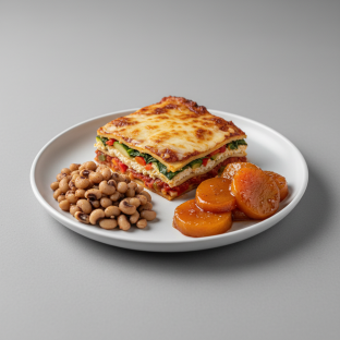 Vegetable Lasagna, Black Eyed Peas, Candied Yams Vegetable Lasagna, Black Eyed Peas, Candied Yams