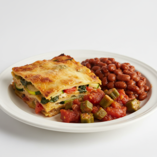 Vegetable Lasagna, Baked Beans, Stewed Tomato and Okra Vegetable Lasagna, Baked Beans, Stewed Tomato and Okra