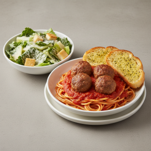 Classic Pasta with Spaghetti and Meatballs, Caesar Salad Classic Pasta with Spaghetti and Meatballs, Caesar Salad